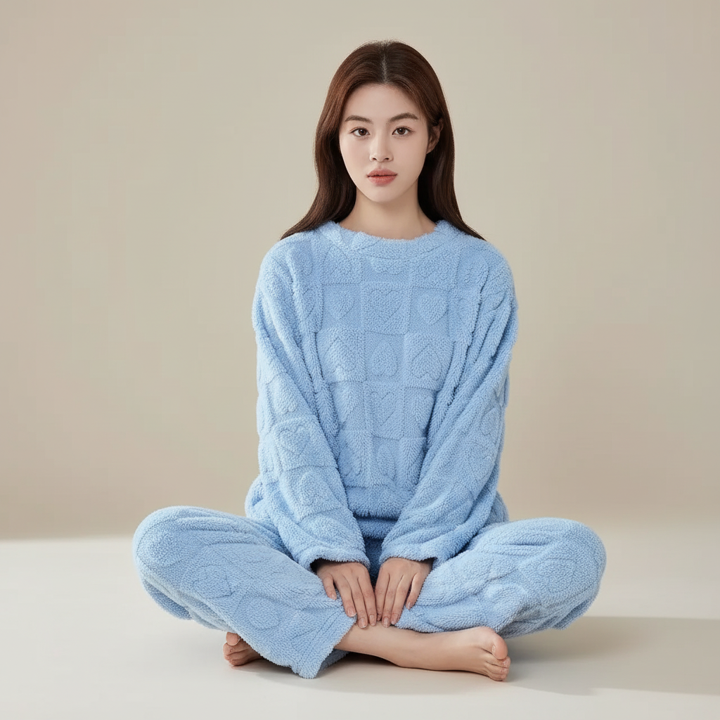 Warm lounge pyjama set with soft plush surface and heart texture