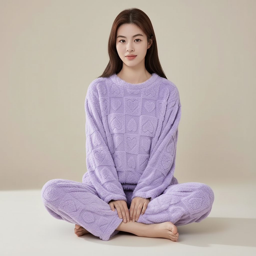Warm lounge pyjama set with soft plush surface and heart texture
