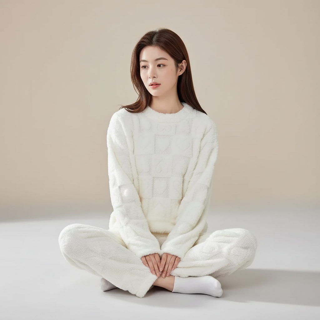 Warm lounge pyjama set with soft plush surface and heart texture