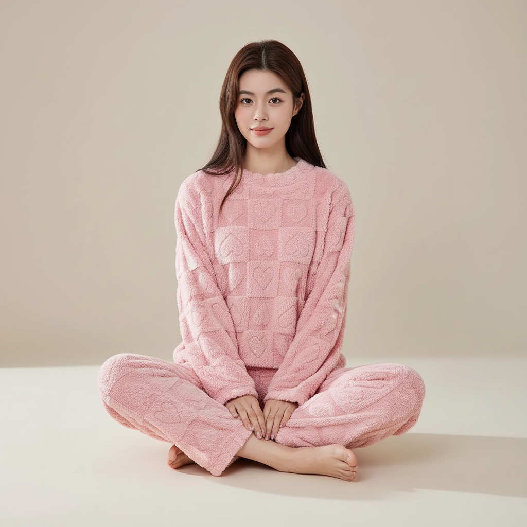 Warm lounge pyjama set with soft plush surface and heart texture