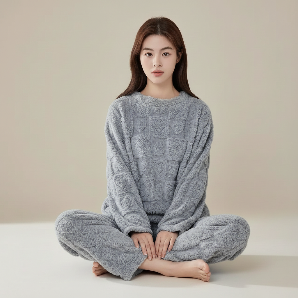 Warm lounge pyjama set with soft plush surface and heart texture