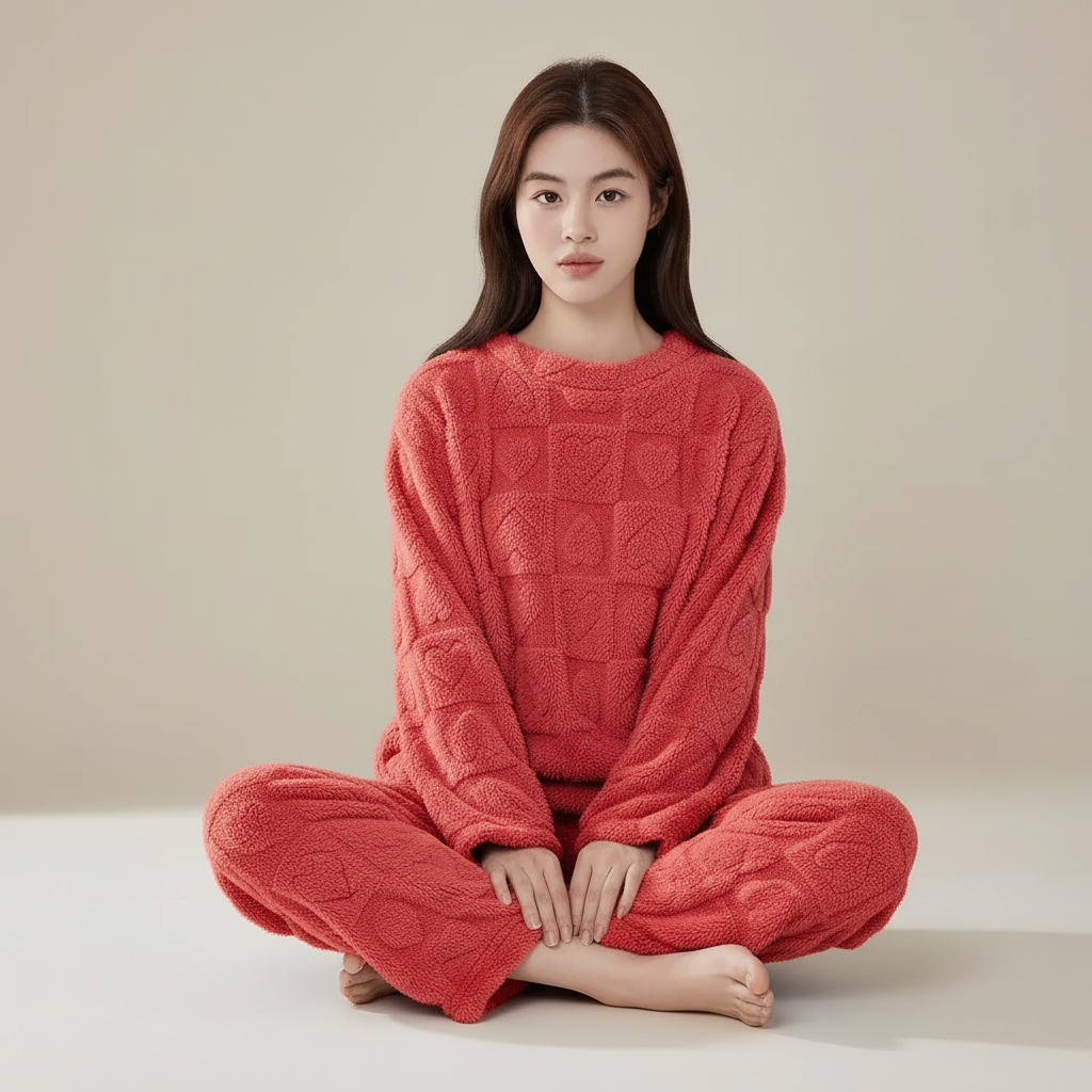 Warm lounge pyjama set with soft plush surface and heart texture