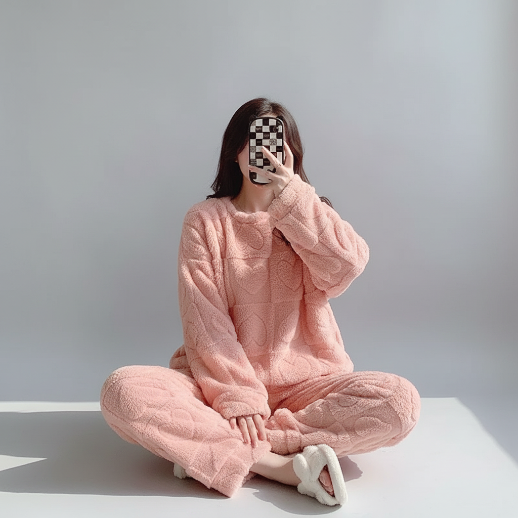 Warm lounge pyjama set with soft plush surface and heart texture
