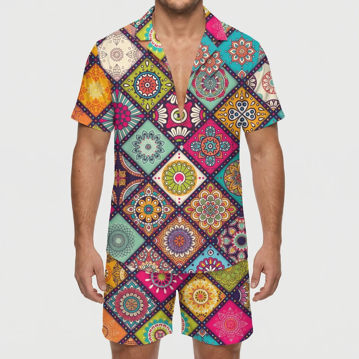 Men's tropical print 2-piece short sleeve set with matching shirt and shorts