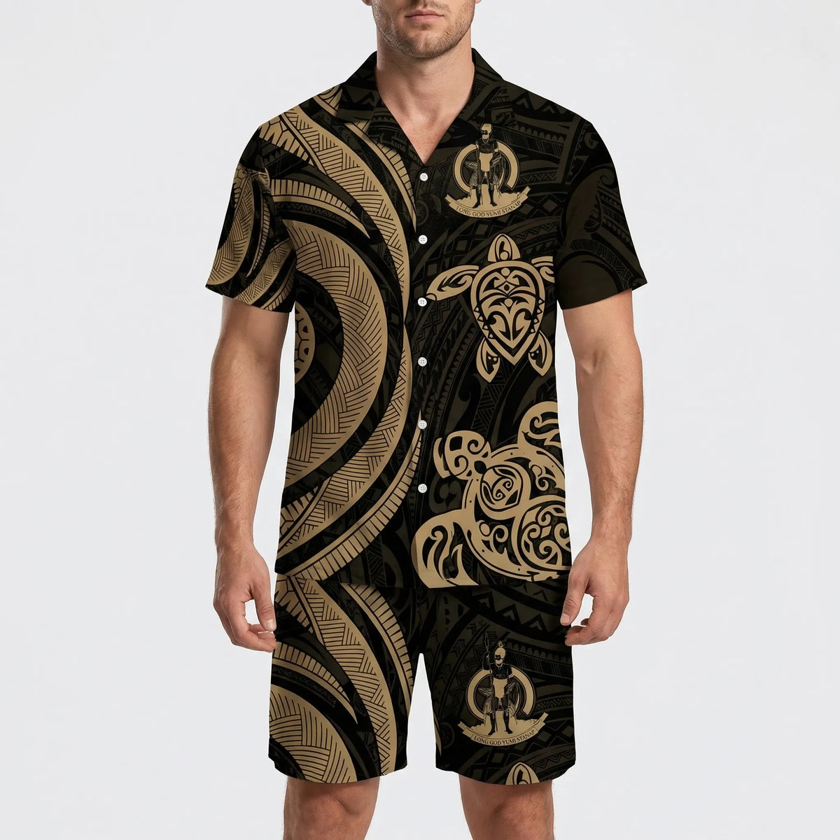 Men's tropical print 2-piece short sleeve set with matching shirt and shorts