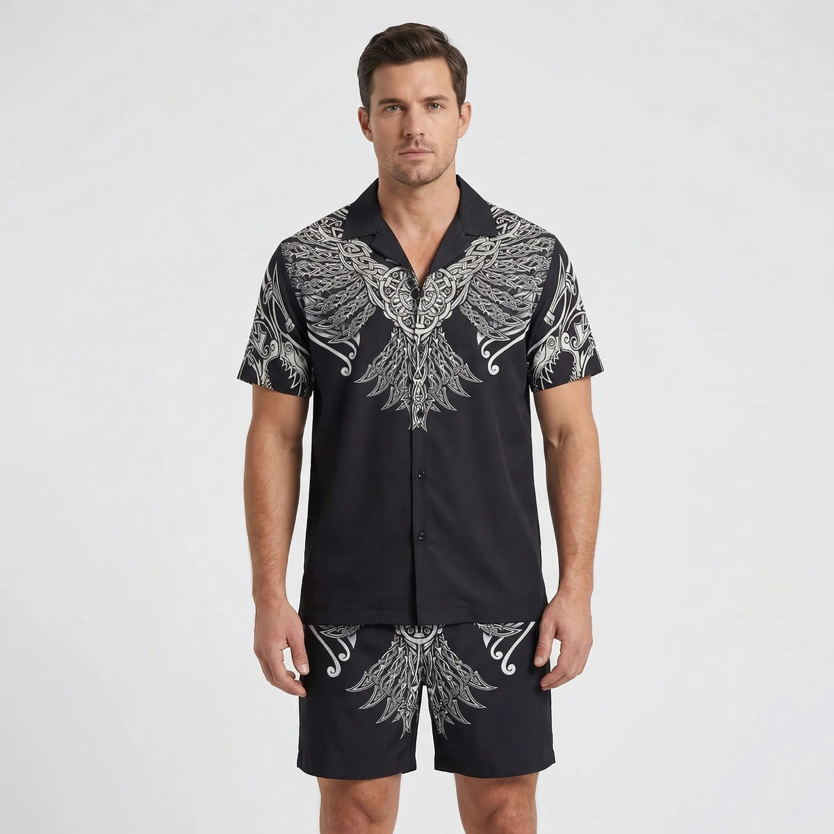 Men's tropical print 2-piece short sleeve set with matching shirt and shorts