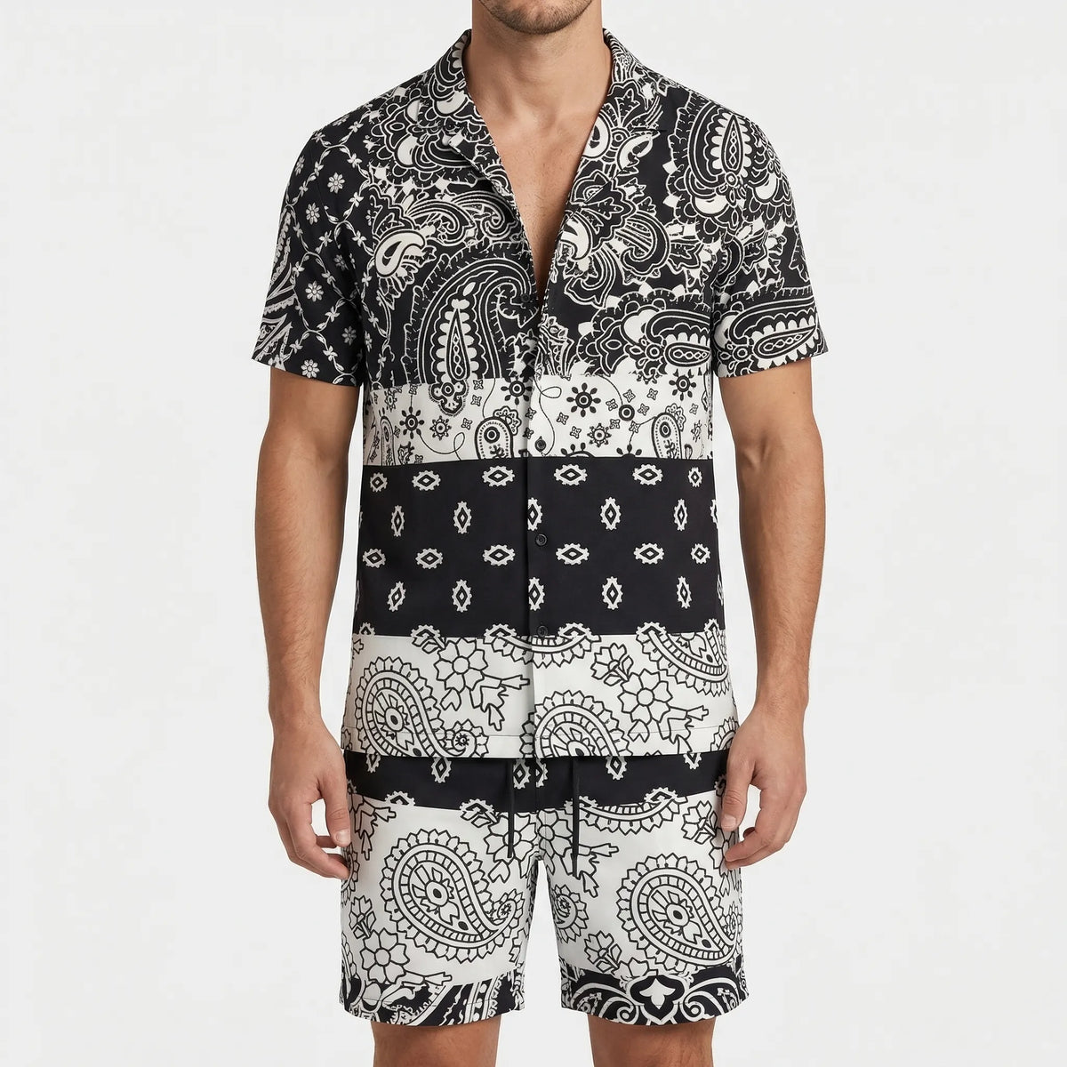 Men's tropical print 2-piece short sleeve set with matching shirt and shorts