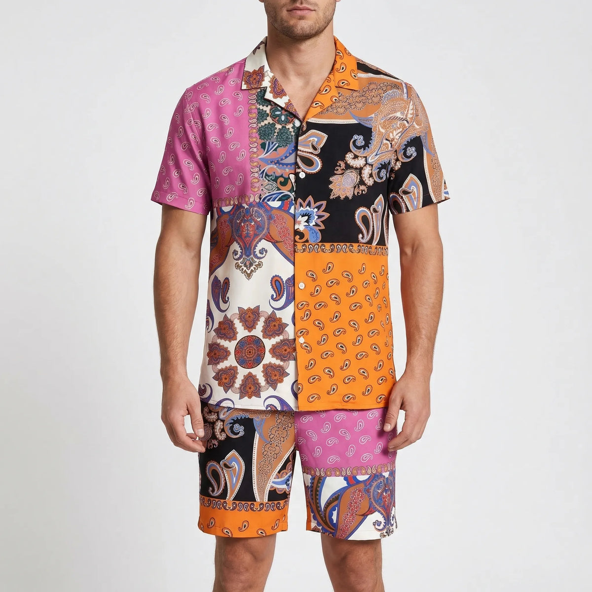Men's tropical print 2-piece short sleeve set with matching shirt and shorts