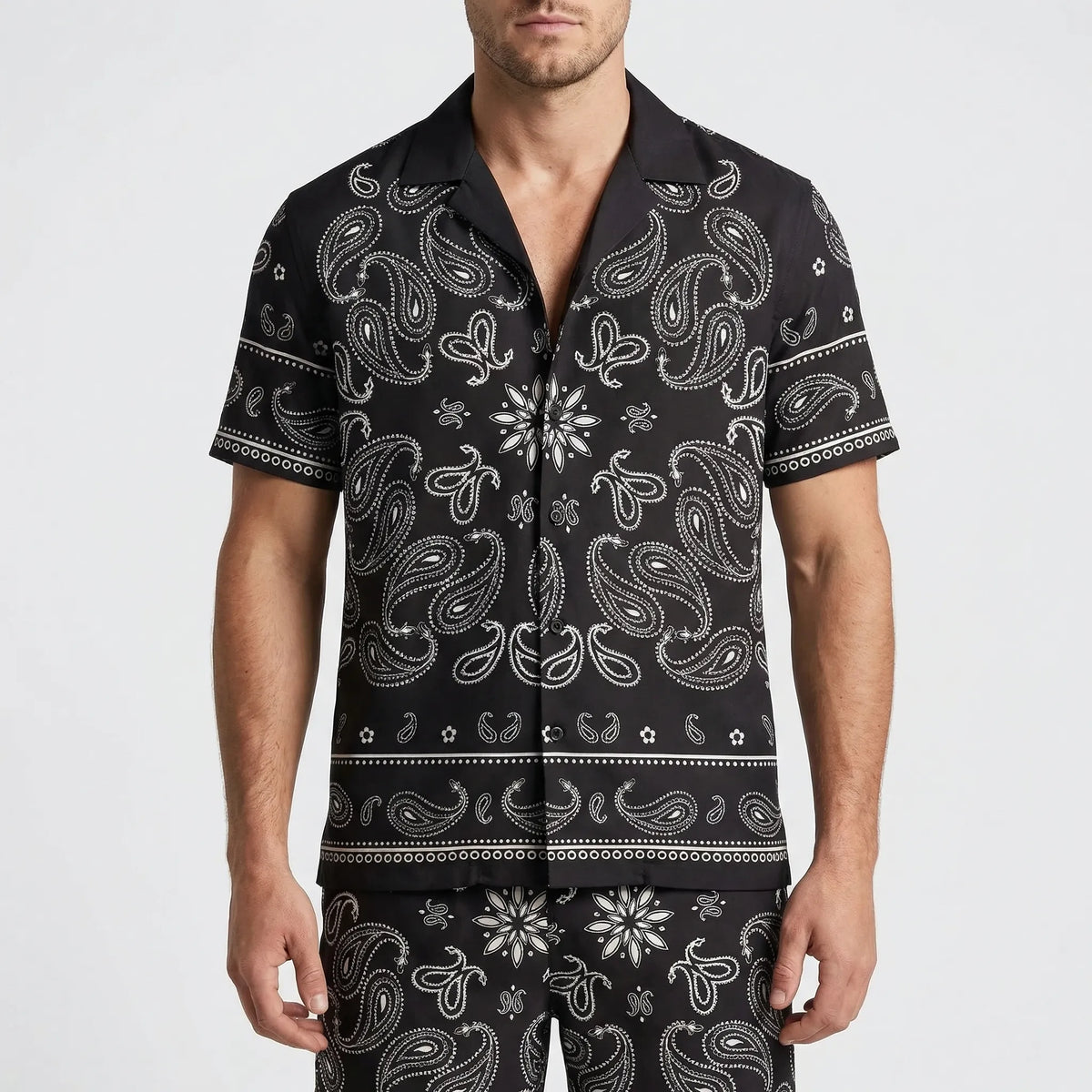Men's tropical print 2-piece short sleeve set with matching shirt and shorts