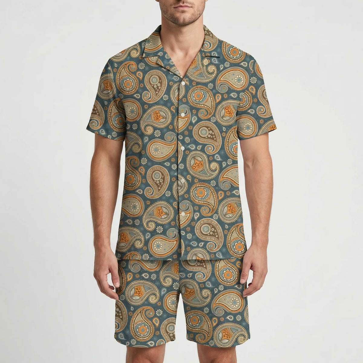 Men's tropical print 2-piece short sleeve set with matching shirt and shorts