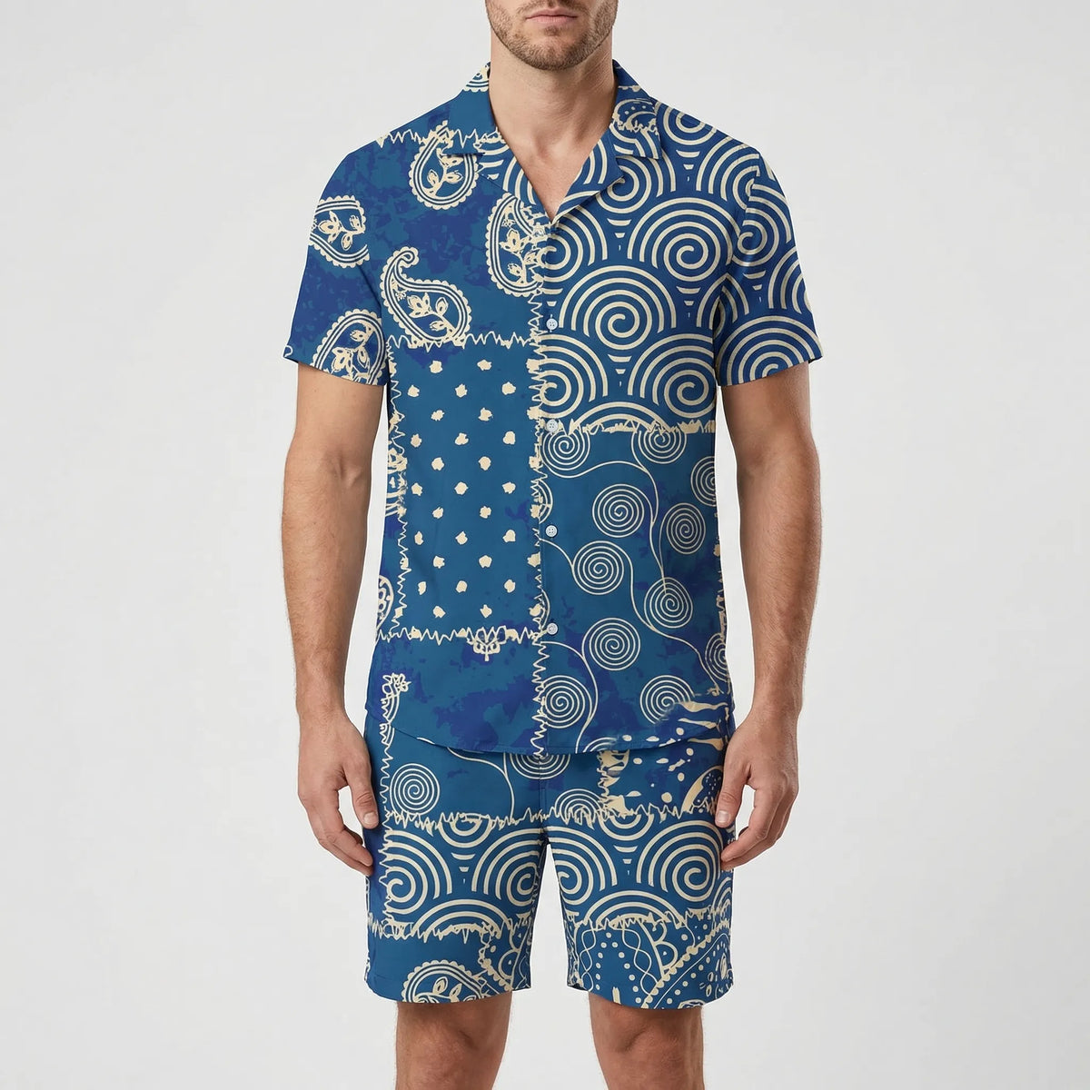 Men's tropical print 2-piece short sleeve set with matching shirt and shorts