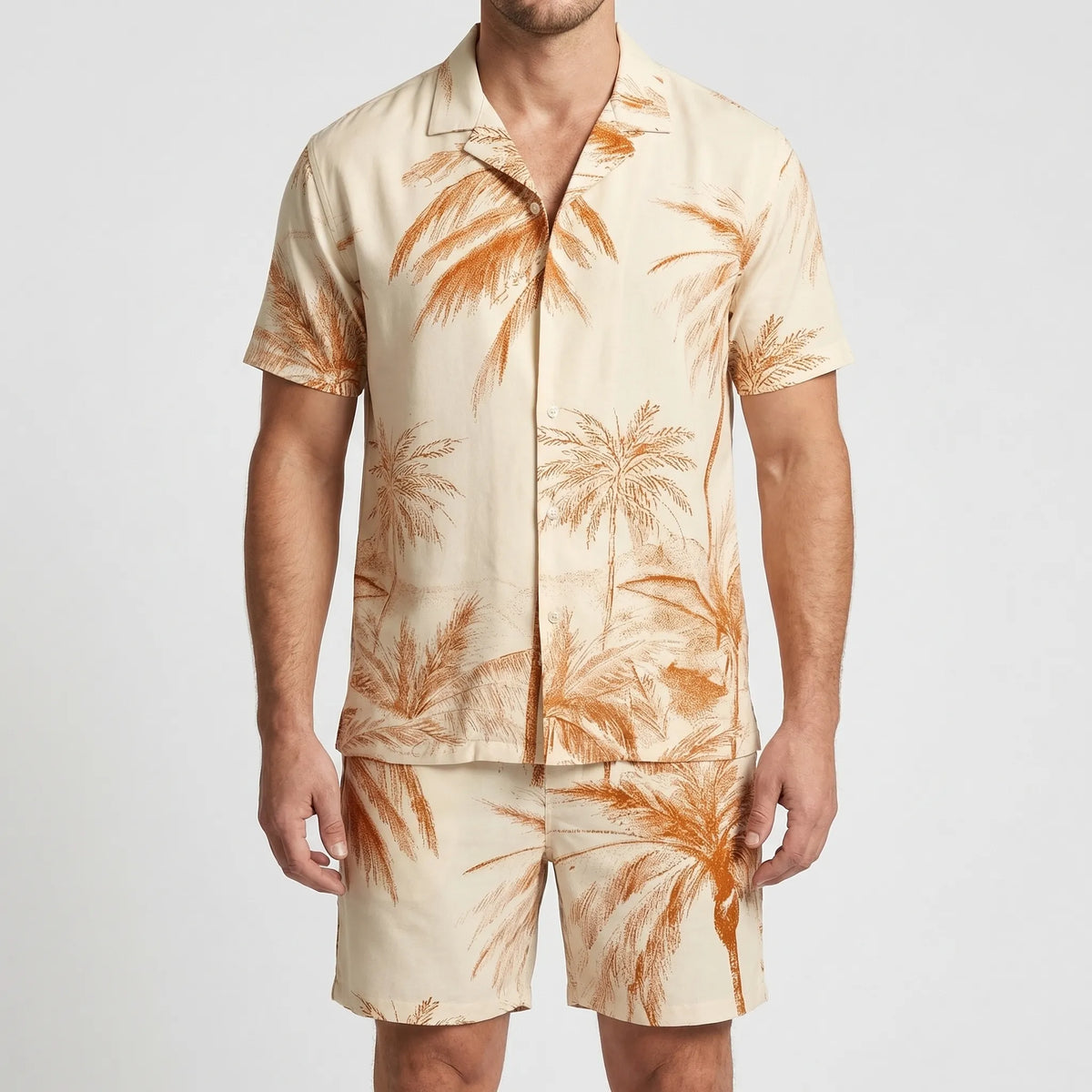 Men's tropical print 2-piece short sleeve set with matching shirt and shorts