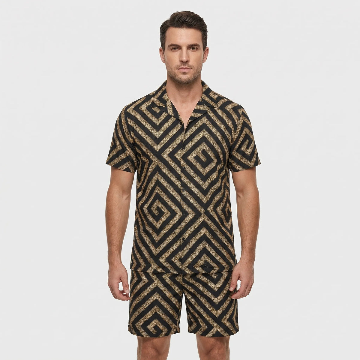 Men's tropical print 2-piece short sleeve set with matching shirt and shorts
