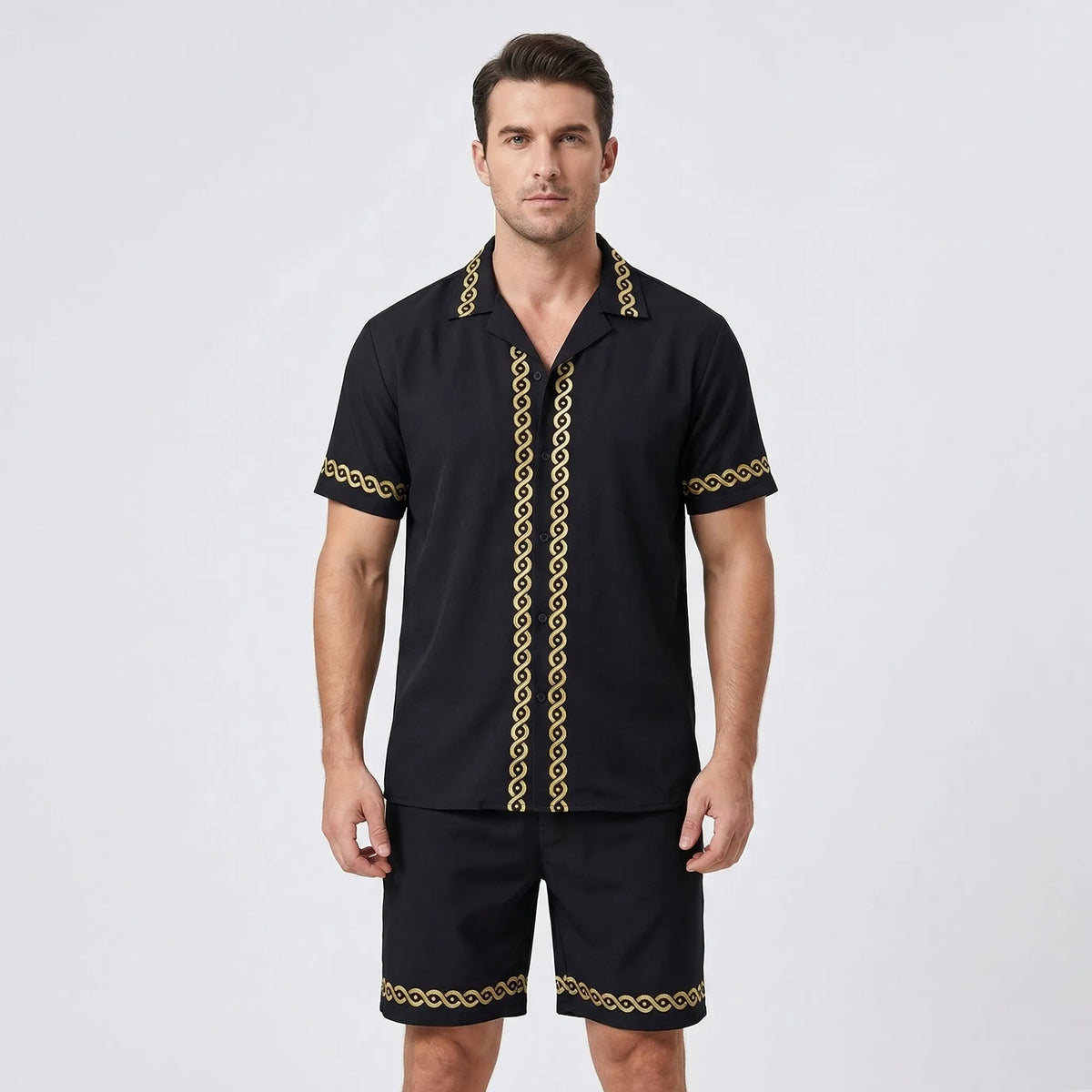 Men's tropical print 2-piece short sleeve set with matching shirt and shorts