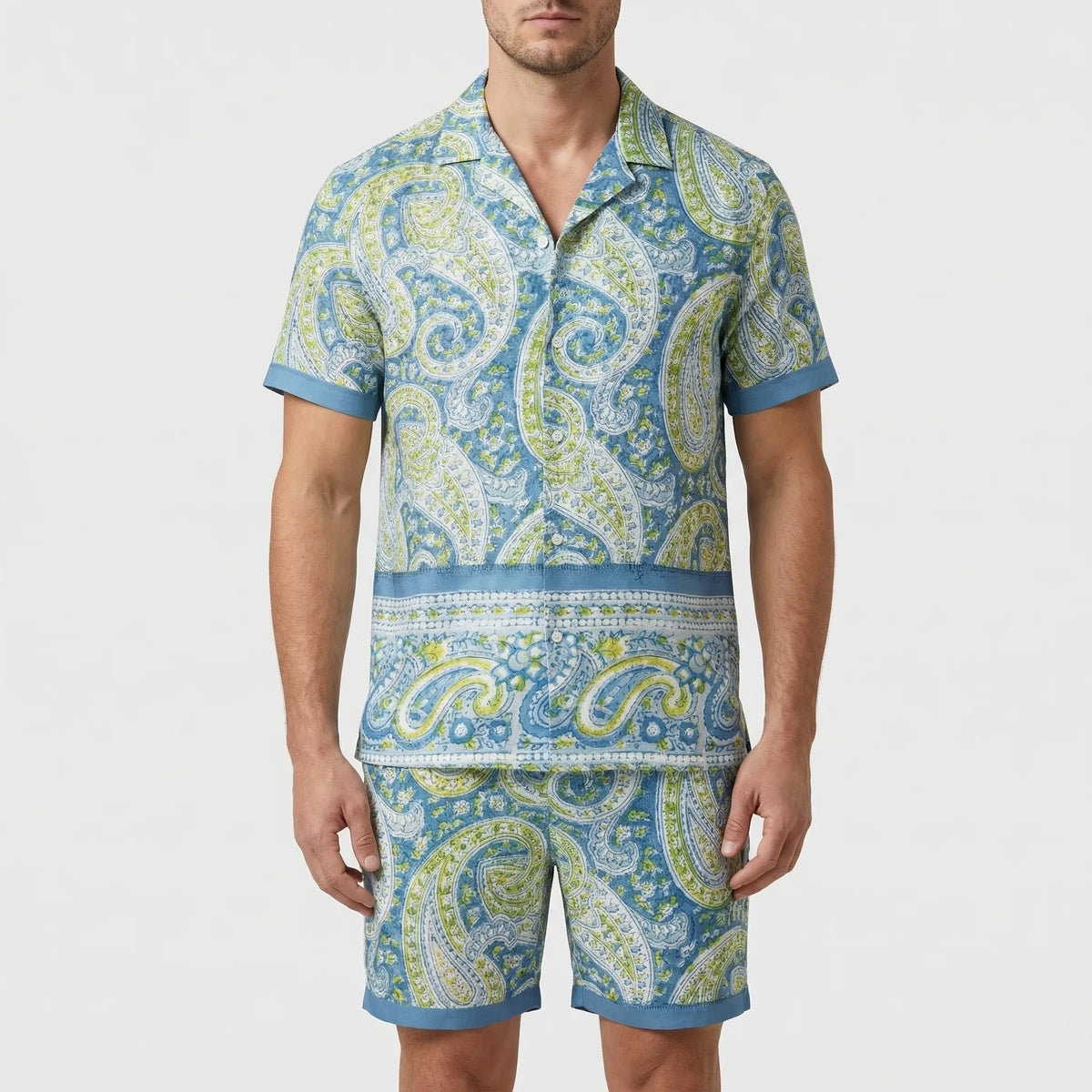 Men's tropical print 2-piece short sleeve set with matching shirt and shorts