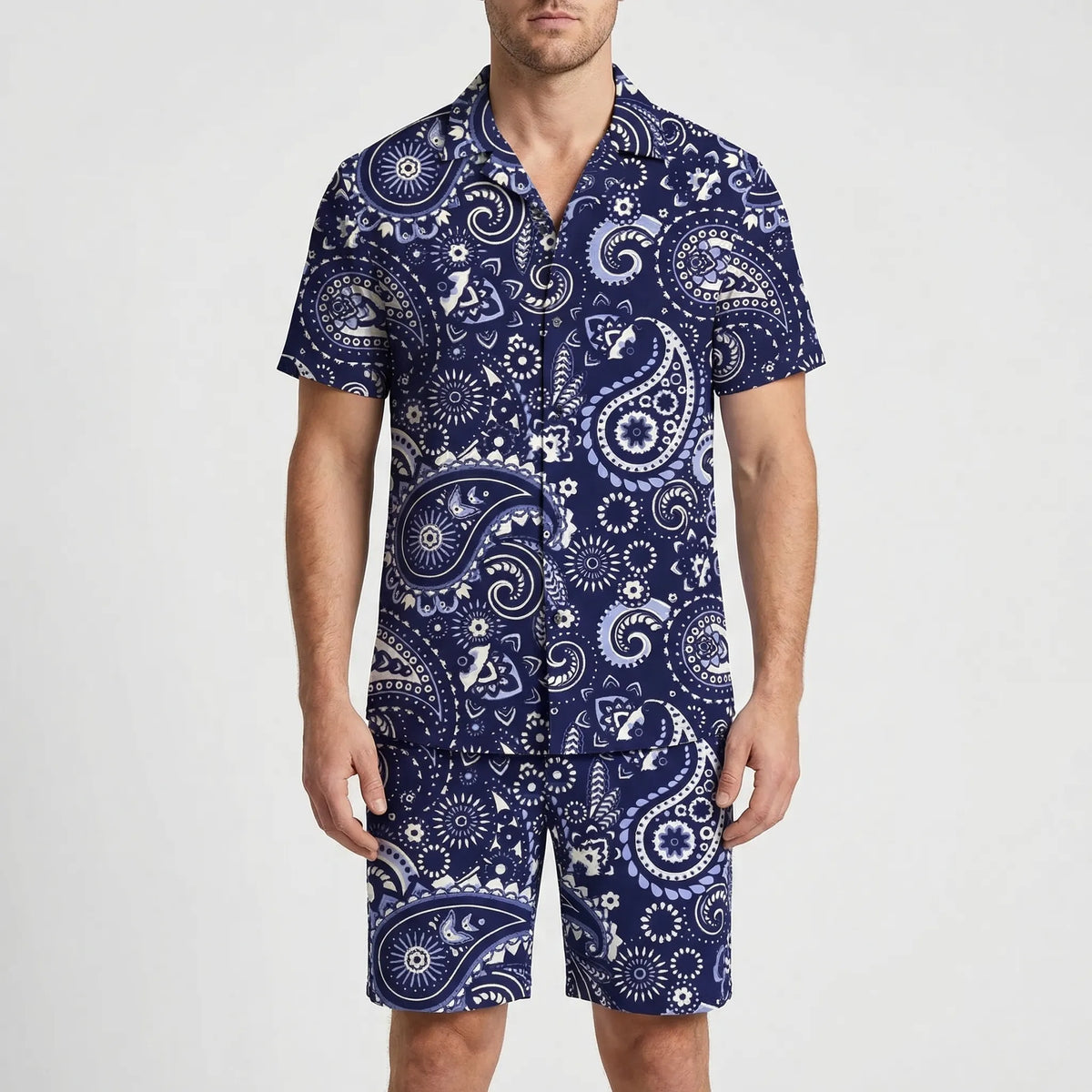 Men's tropical print 2-piece short sleeve set with matching shirt and shorts