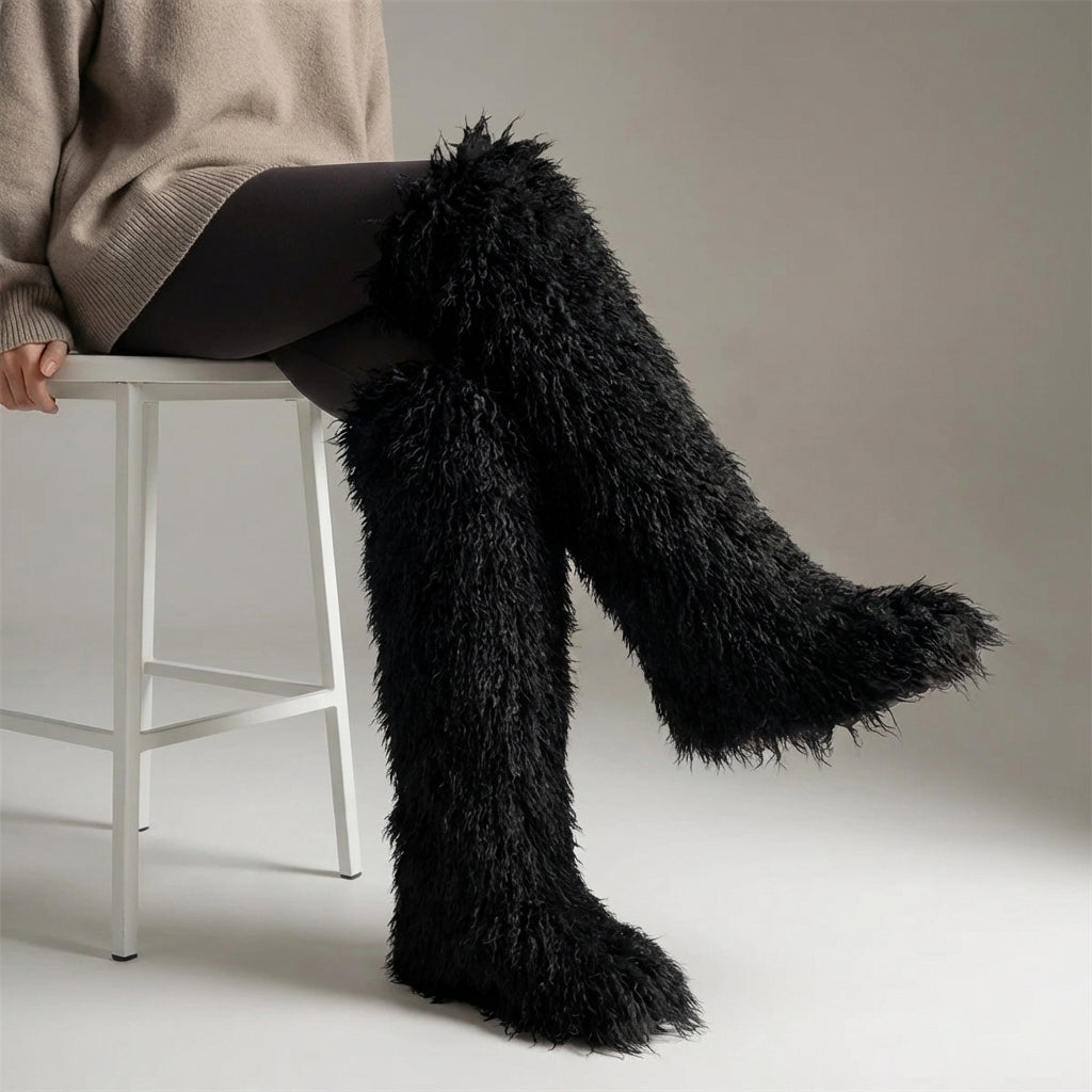 Over-the-knee plush winter boots with slip-on design and platform sole