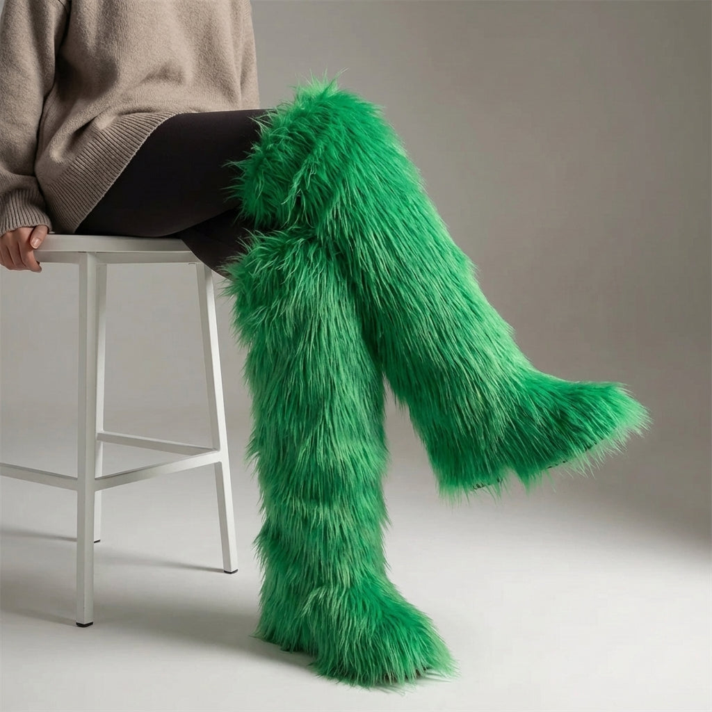 Over-the-knee plush winter boots with slip-on design and platform sole
