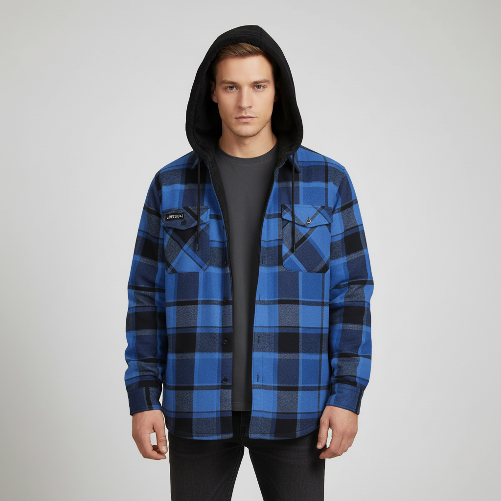 Men's checked hooded shirt with fleece lining and oversized fit