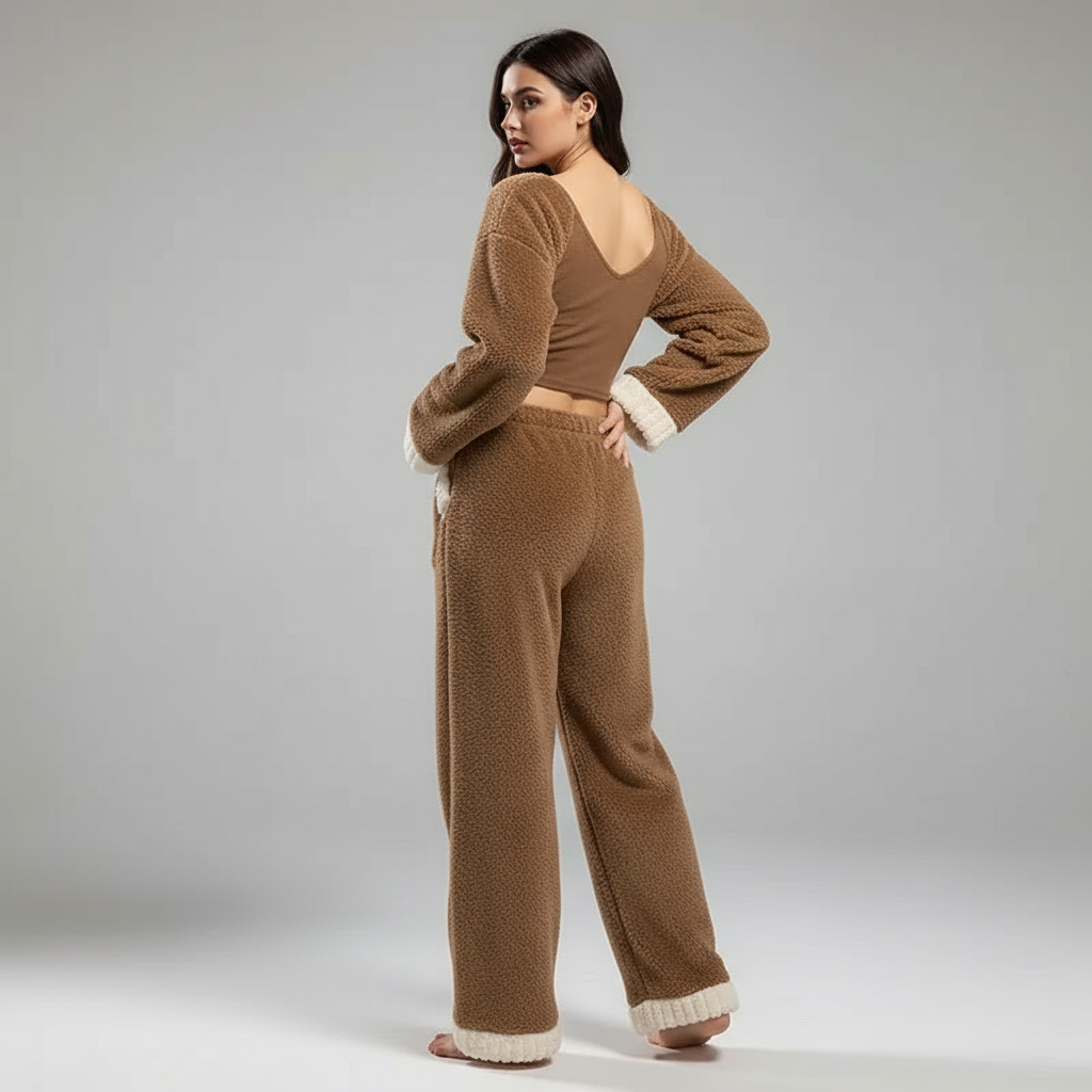 Full-length fleece pyjama set with V-neck and relaxed fit