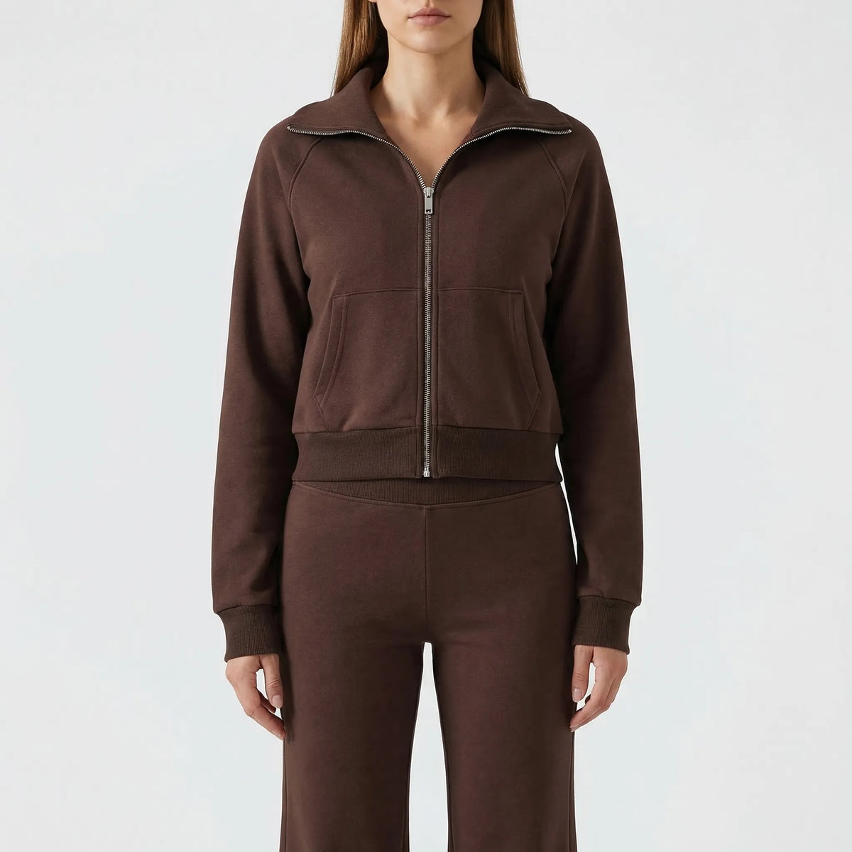 Fleece co-ord set with lapel zip-up jacket and high-waisted flared trousers