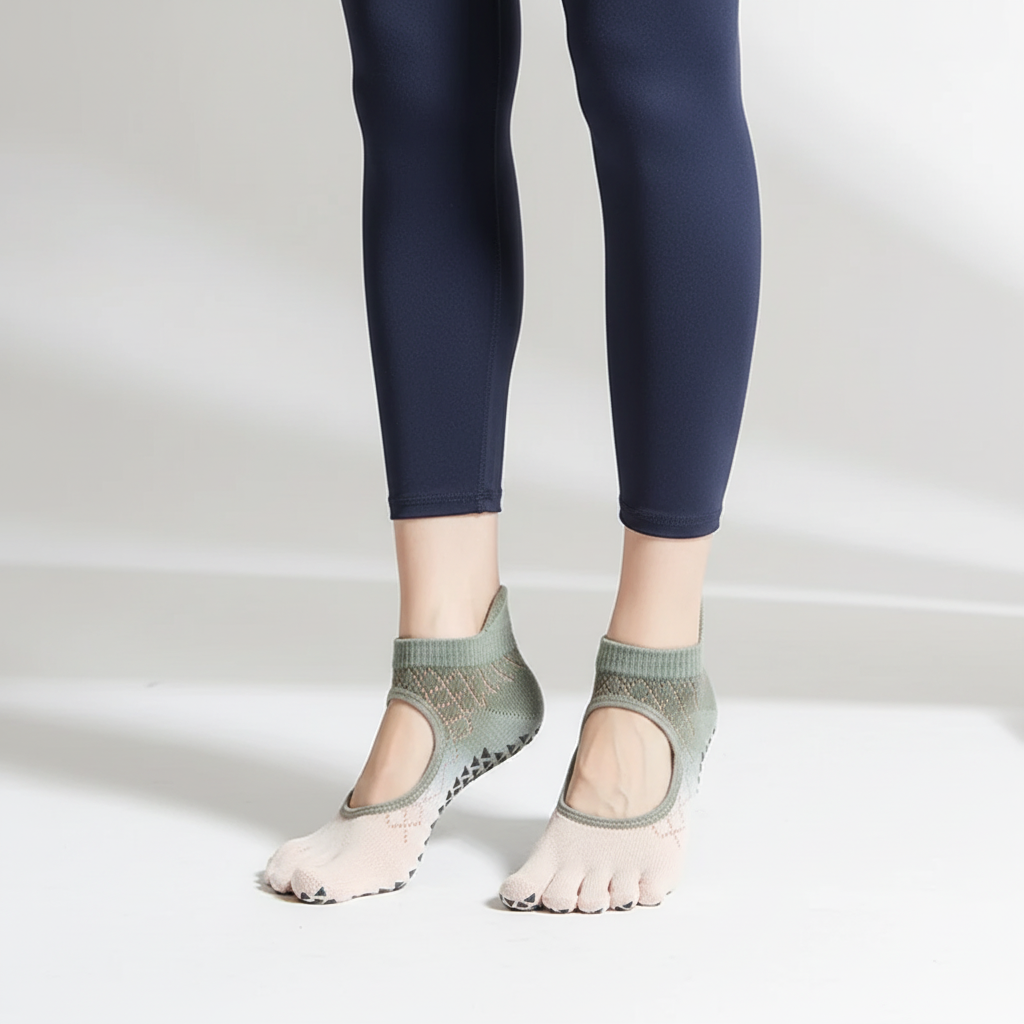 Five toe non-slip yoga socks with silicone grip sole