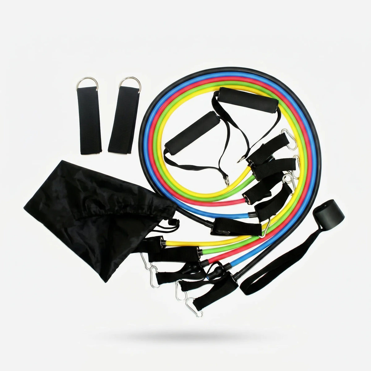 Tubular resistance band set with colour-coded tubes, cushioned handles and ankle straps