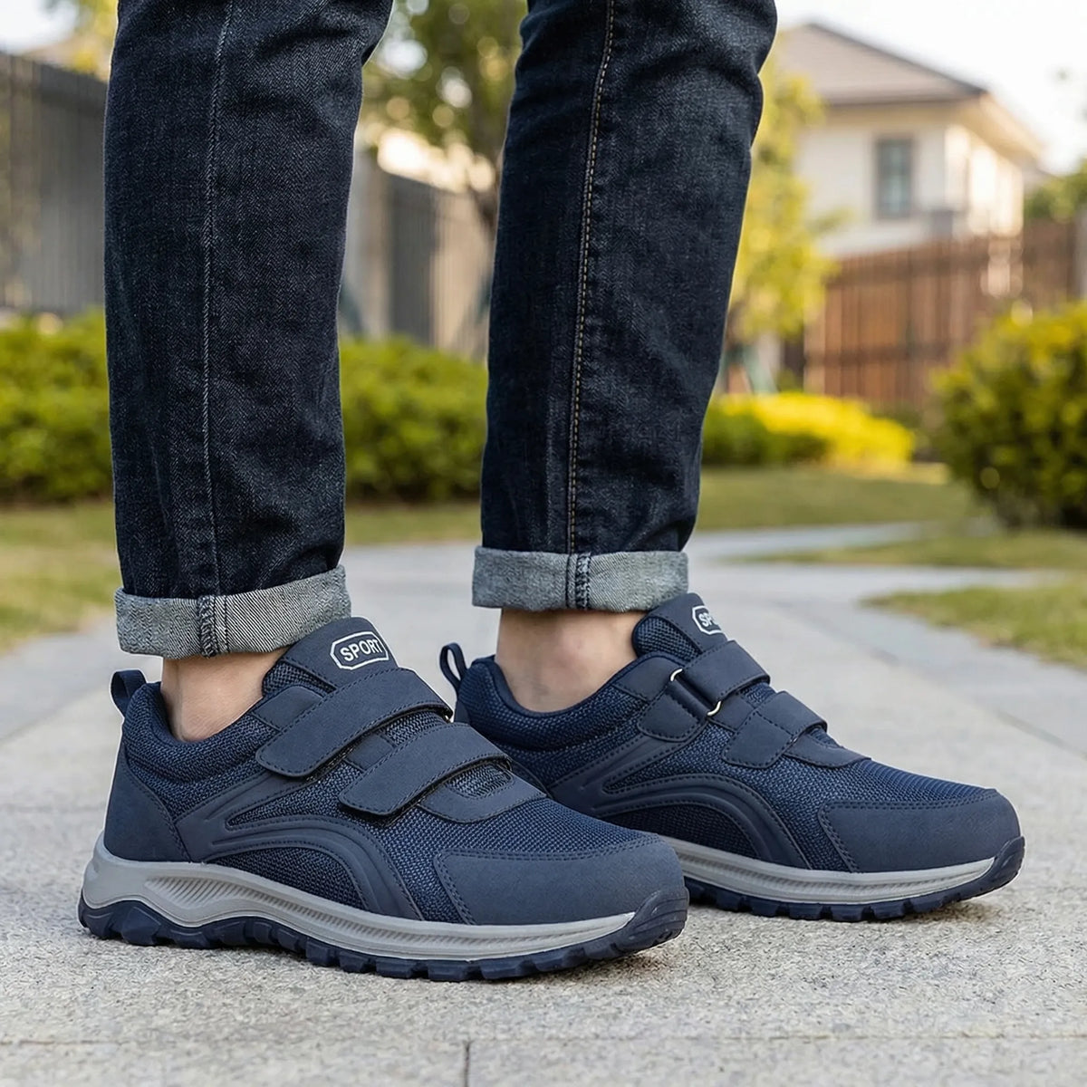 Wide fit orthopaedic walking shoe with velcro straps and padded sole