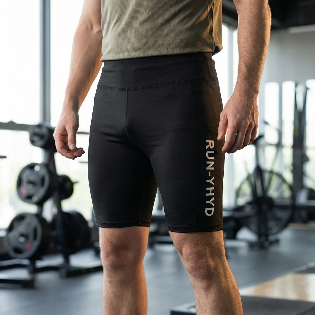 Men's compression shorts with elastic waist and weight-based sizing for gym training
