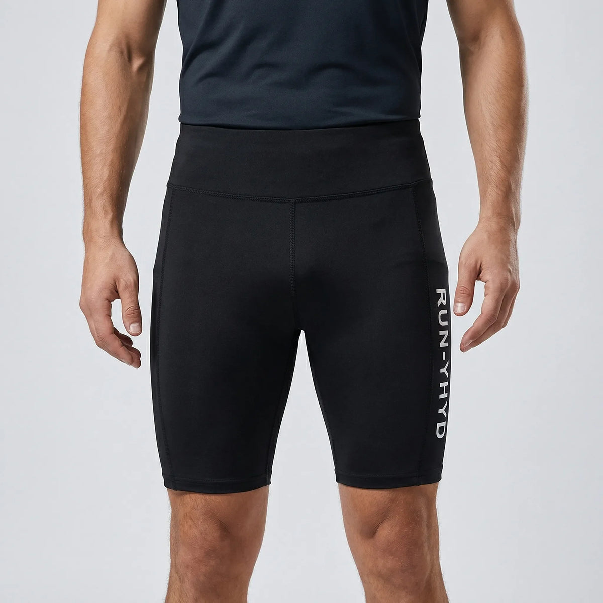 Men's compression shorts with elastic waist and weight-based sizing for gym training