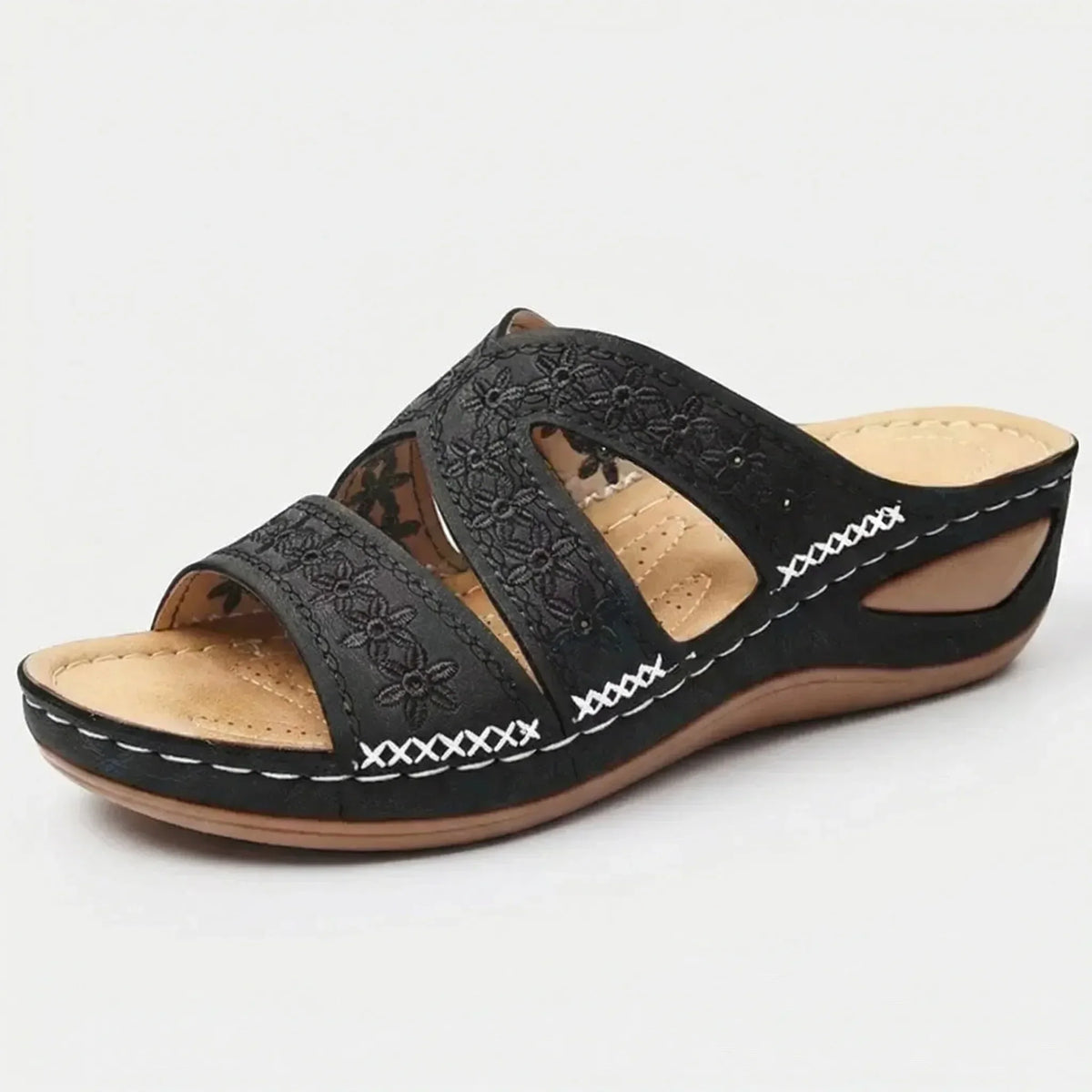 Women's wedge heel sandal with open toe and vintage floral pattern
