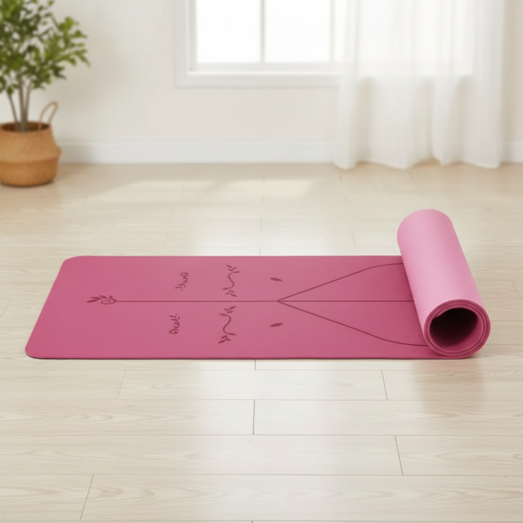 Non-slip yoga mat with alignment guides and cushioned support