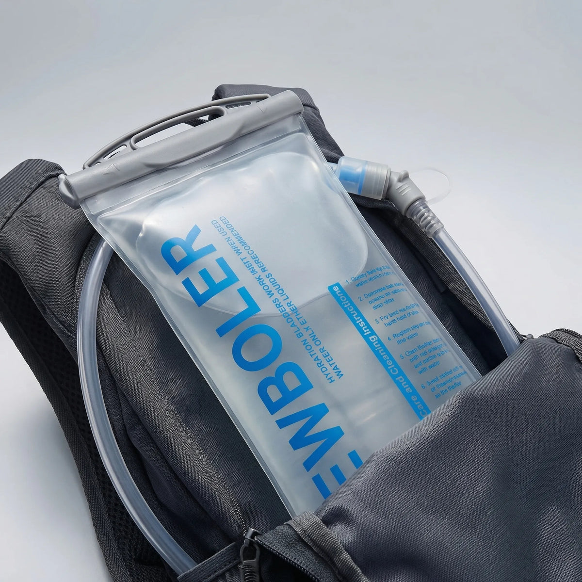 BPA-free hydration reservoir bag with hands-free drink tube and wide-mouth opening