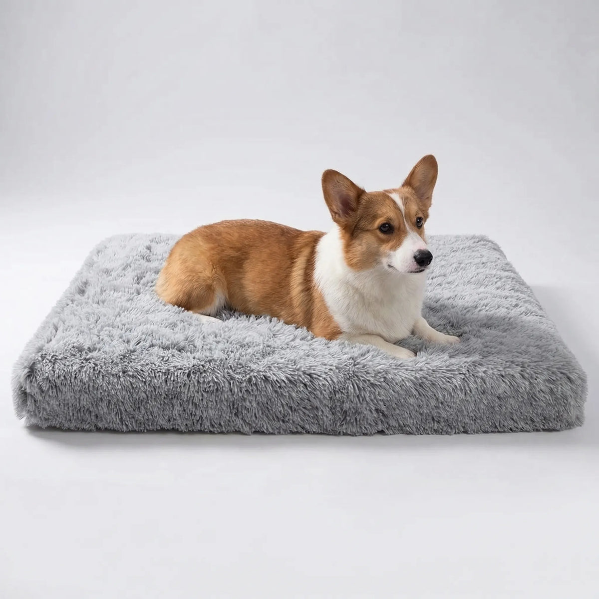Rectangular pet mattress with plush cover and foam core for dogs and cats
