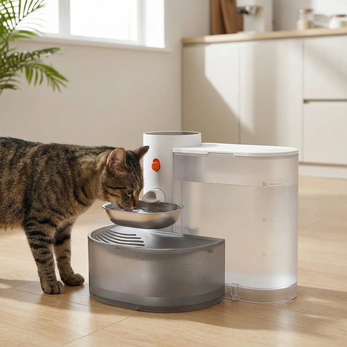 Cordless automatic pet water fountain with integrated filtration and stainless steel bowl