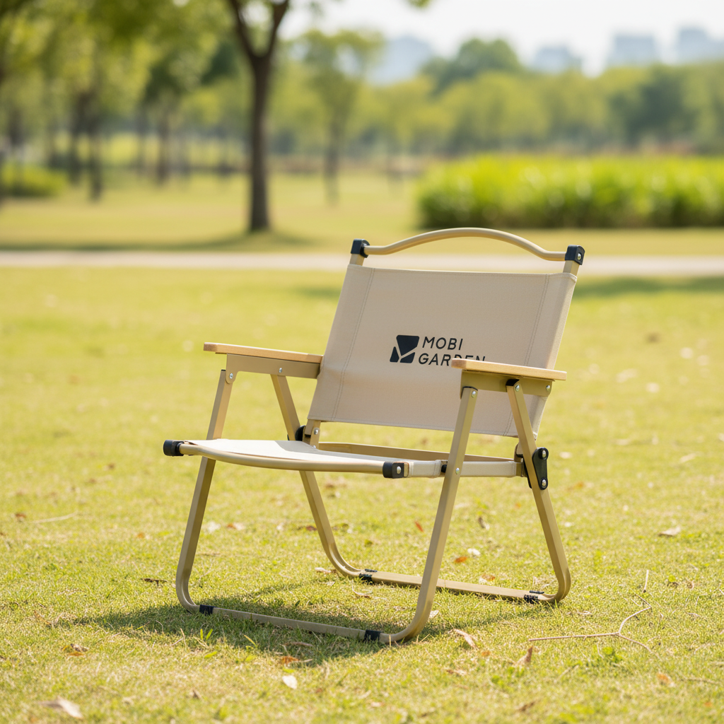 Low profile folding camp chair with armrests and non-slip feet