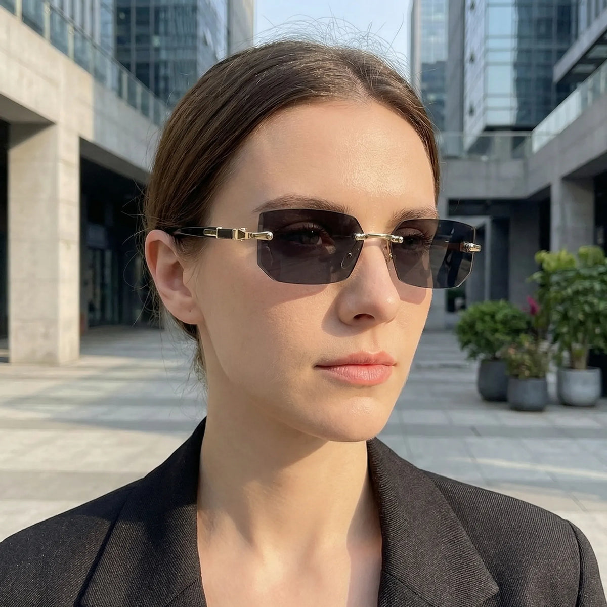 Rimless rectangle sunglasses with cut-edge lenses and gradient tint options
