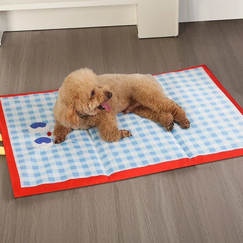 Plaid cooling mat for dogs and cats with cool-to-touch surface