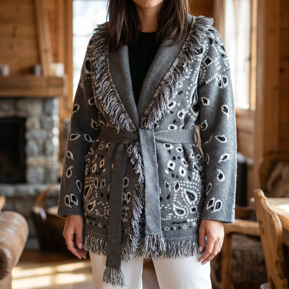 Fringed knit cardigan with geometric jacquard pattern and tie belt