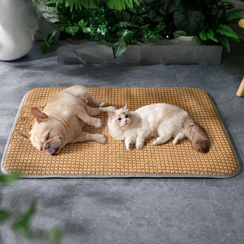 Woven pet cooling mat with natural breathable surface for dogs and cats