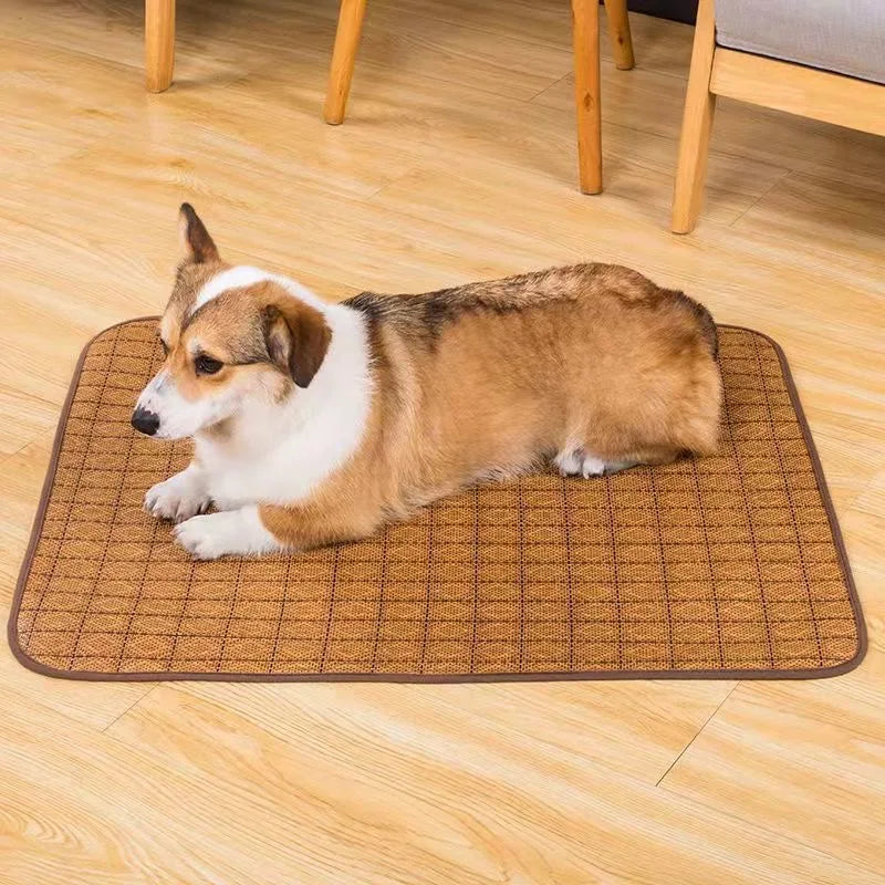 Woven pet cooling mat with natural breathable surface for dogs and cats