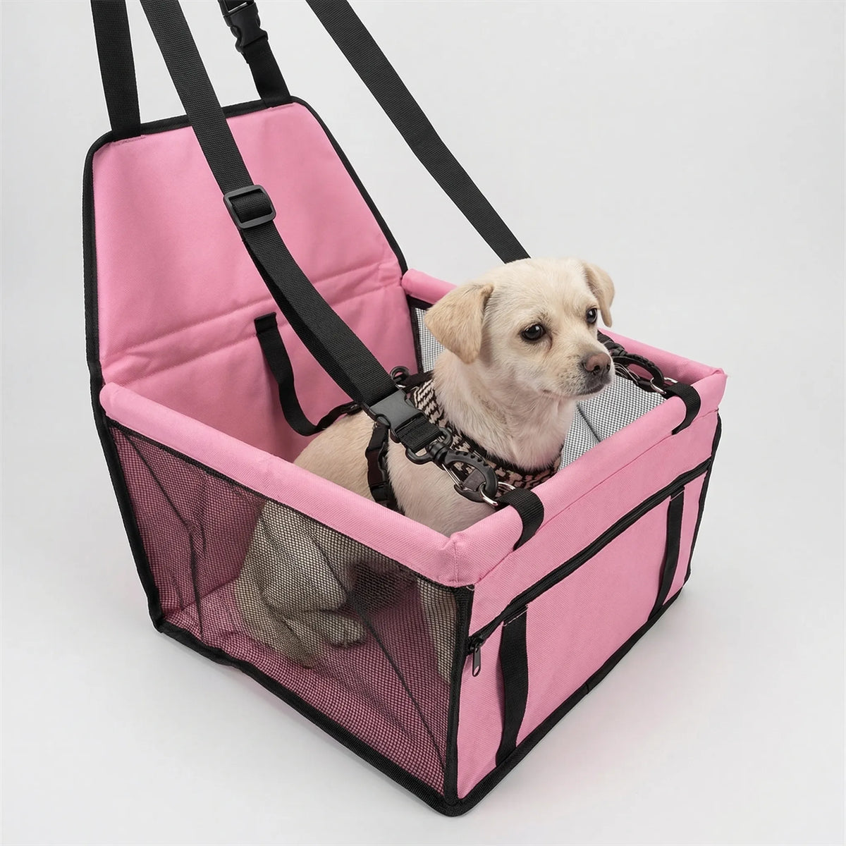 Collapsible pet car seat with harness attachment and mesh ventilation