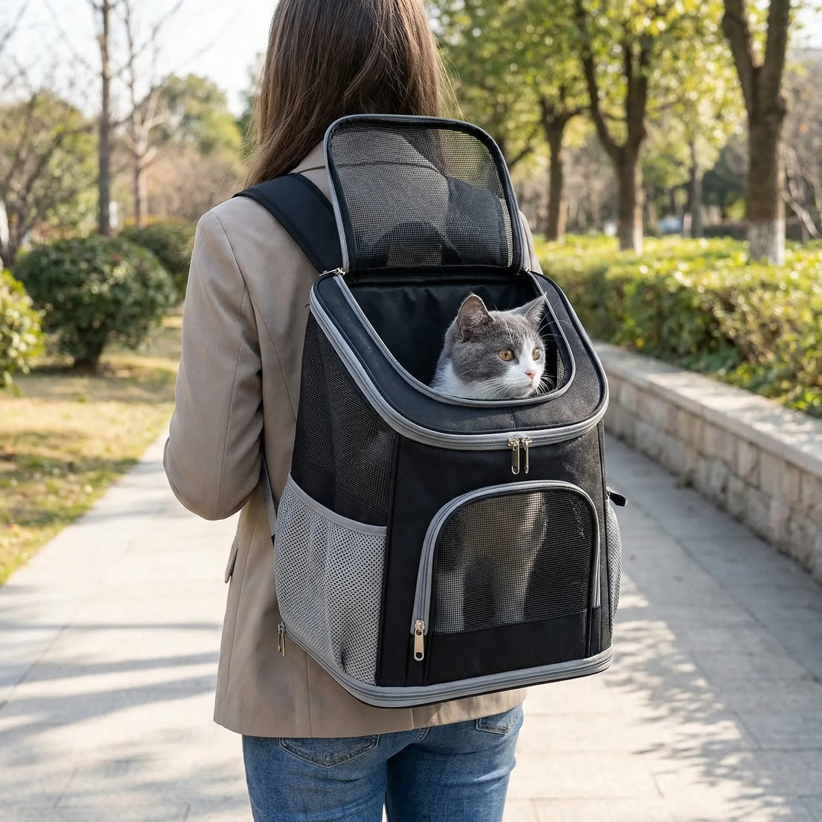Pet backpack carrier with breathable mesh panels and structured design