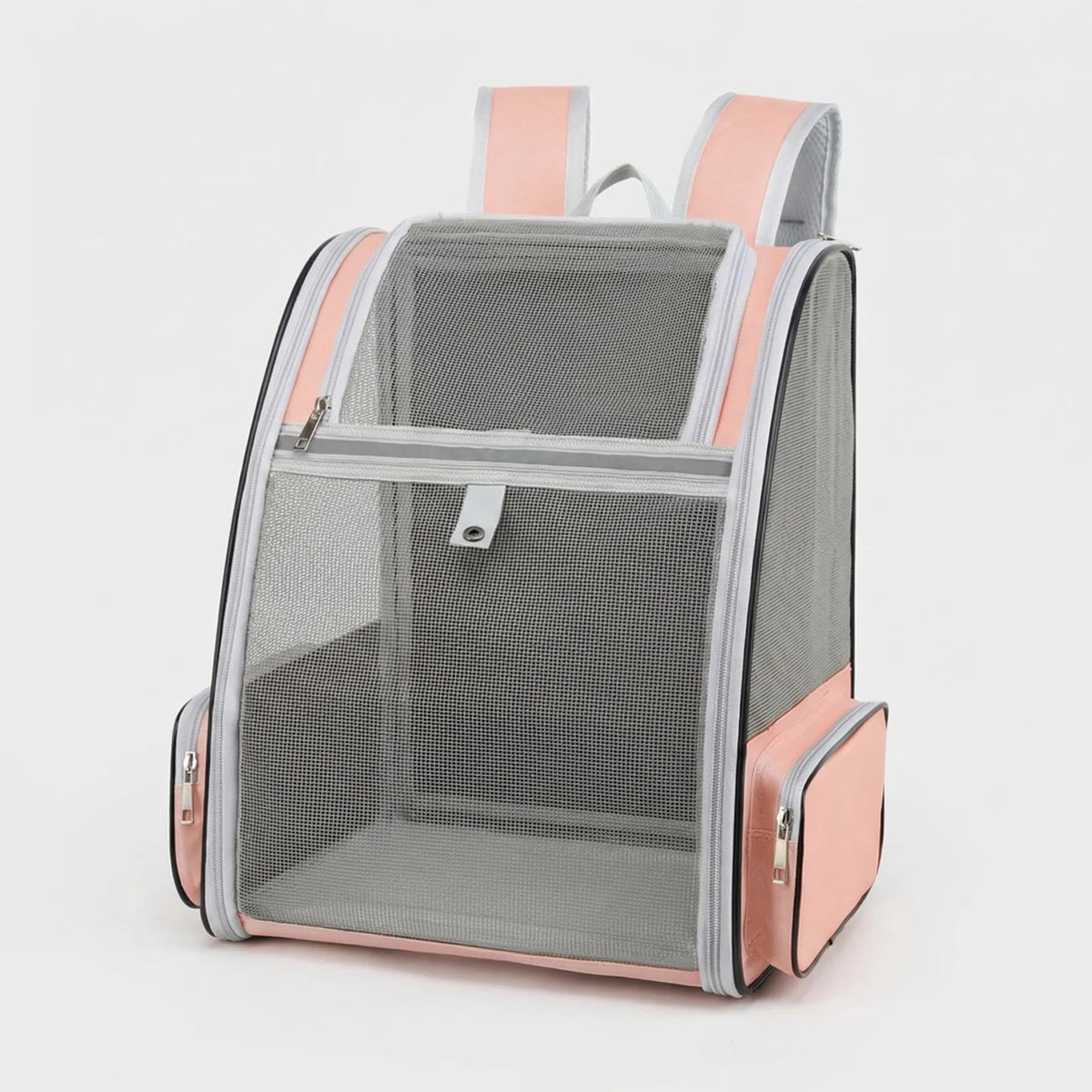 Pet backpack carrier with breathable mesh panels and structured design