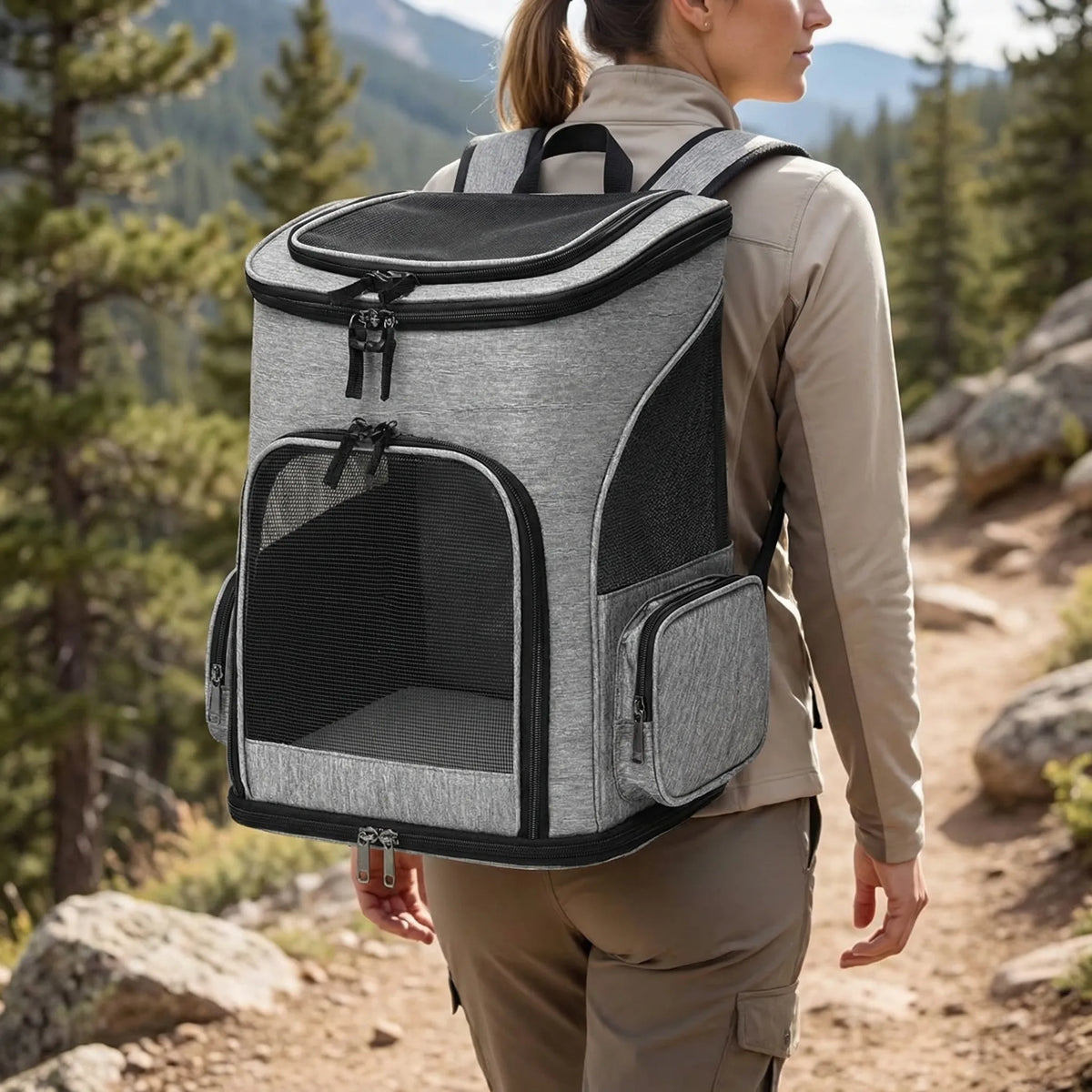 Expandable pet backpack carrier with mesh panels for cats and small dogs