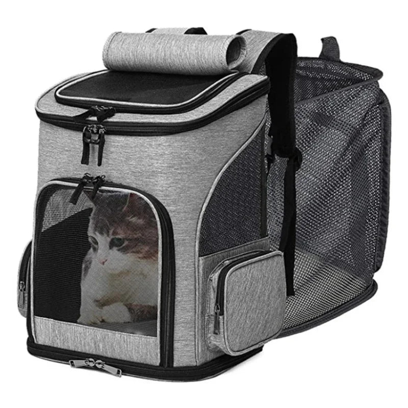 Expandable pet backpack carrier with mesh panels for cats and small dogs