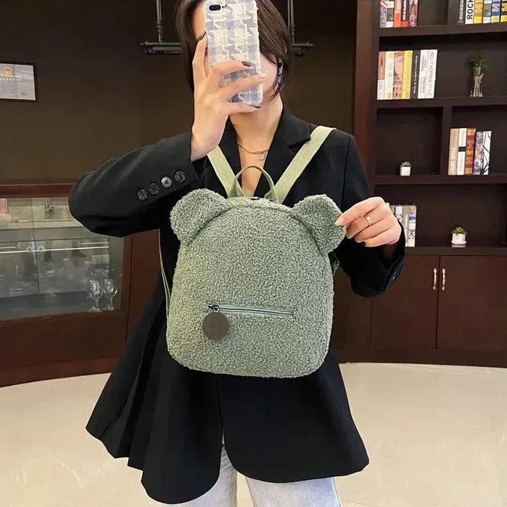 Fluffy plush bear backpack with flannel exterior and padded straps