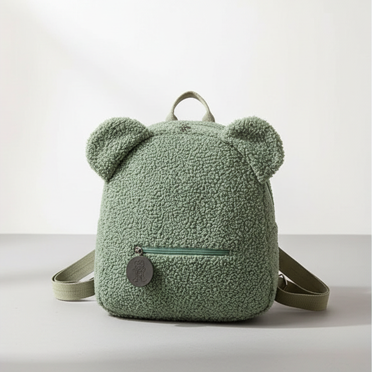 Fluffy plush bear backpack with flannel exterior and padded straps