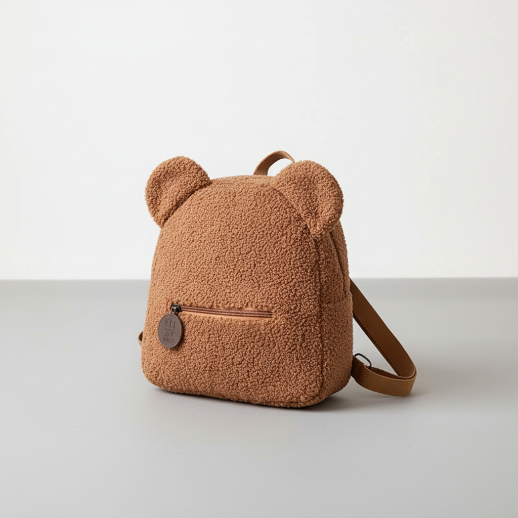 Fluffy plush bear backpack with flannel exterior and padded straps