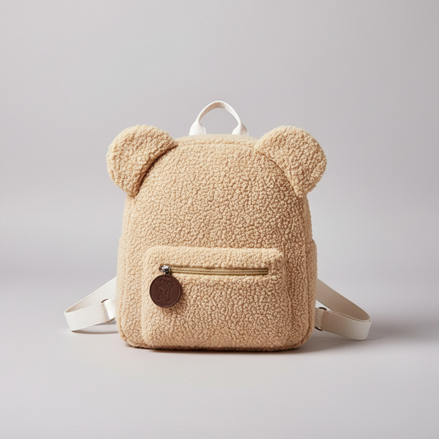 Fluffy plush bear backpack with flannel exterior and padded straps